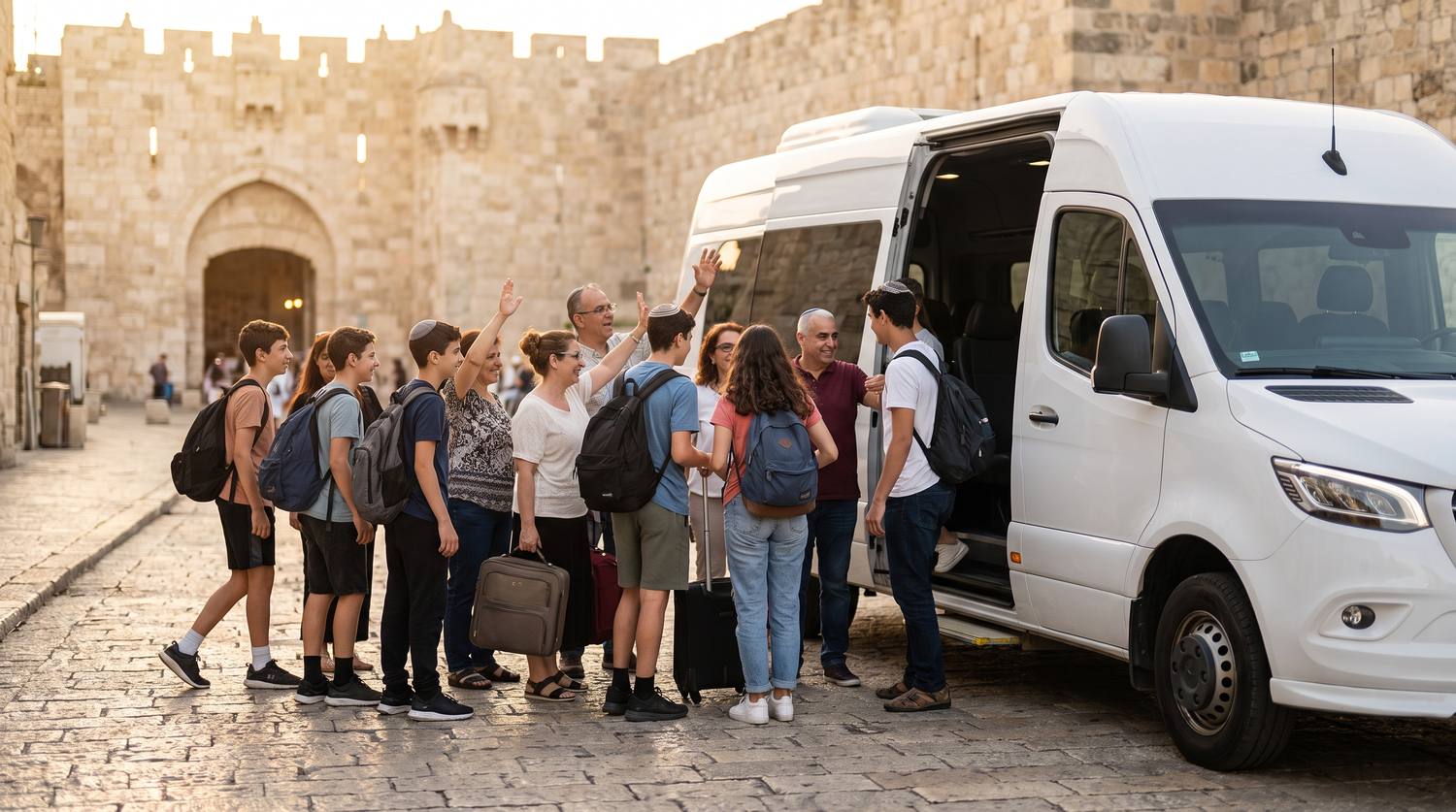 משפחה עולה למיניבוס להסעה לבר מצווה בירושלים