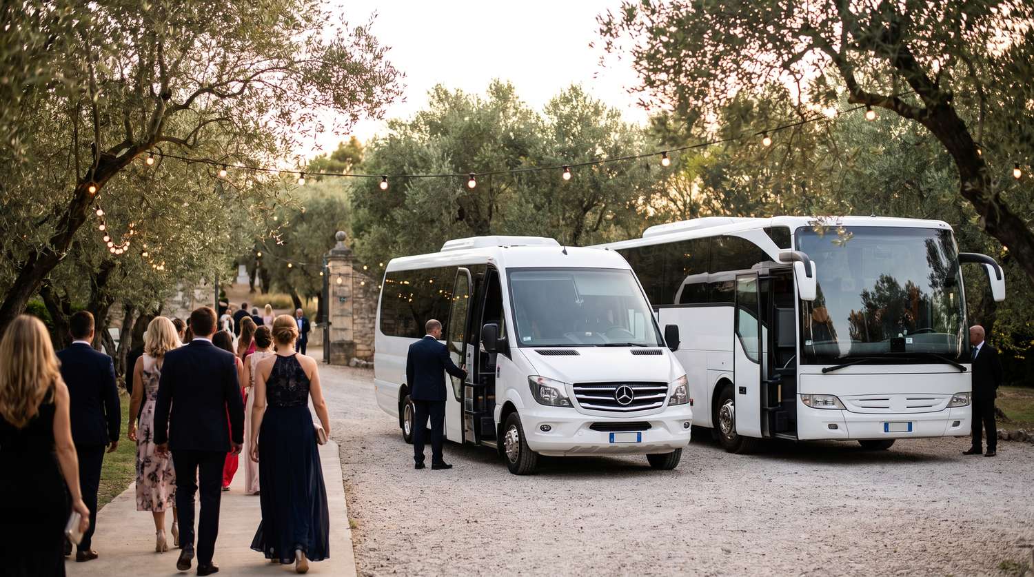 אורחים עולים למיניבוס לחתונה בכניסה לגן אירועים